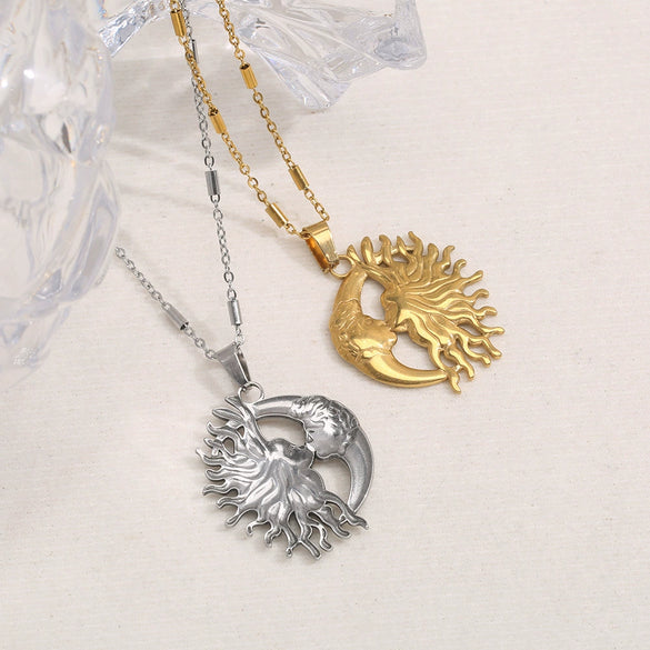 Wholesale Stainless Steel Retro Style Moon Shaped Electroplated Mermaid Pendant Necklace