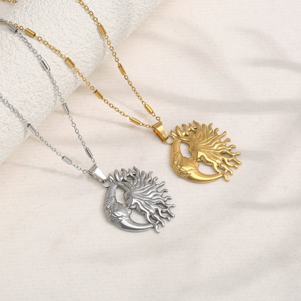 Wholesale Stainless Steel Retro Style Moon Shaped Electroplated Mermaid Pendant Necklace