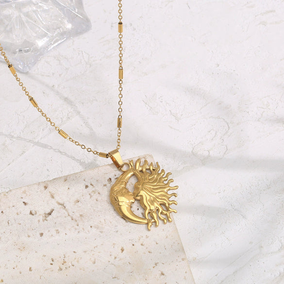 Wholesale Stainless Steel Retro Style Moon Shaped Electroplated Mermaid Pendant Necklace