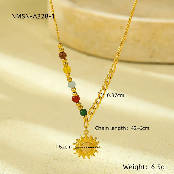 Wholesale Stainless Steel Retro Sun Pendant Necklace For Women Electroplated Gold Colorful Beaded Jewelry