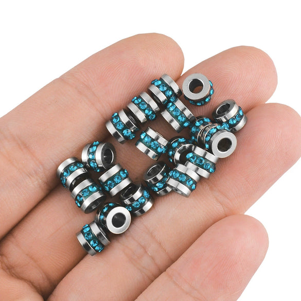 Wholesale Stainless Steel Rhinestone Cylindrical Beads Jewelry For Diy Bracelet And Necklace Trendy Style With Diamond Pattern And Epoxy Process