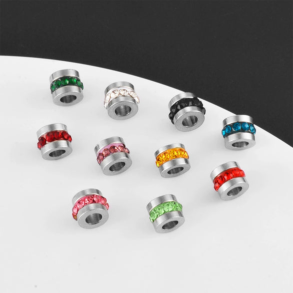 Wholesale Stainless Steel Rhinestone Cylindrical Beads Jewelry For Diy Bracelet And Necklace Trendy Style With Diamond Pattern And Epoxy Process