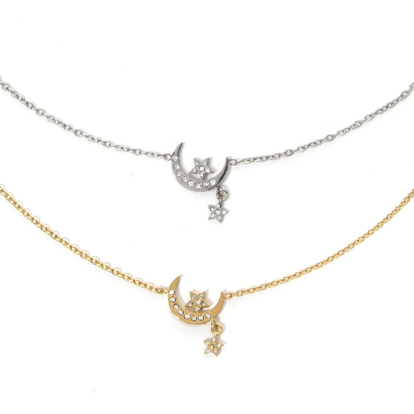 Wholesale Stainless Steel Rhinestone Star Moon Pendant Conventional Chain Necklace With Geometric Pattern And Electroplating Preppy Style