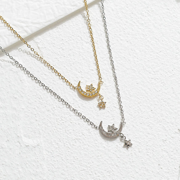 Wholesale Stainless Steel Rhinestone Star Moon Pendant Conventional Chain Necklace With Geometric Pattern And Electroplating Preppy Style