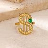 Wholesale Stainless Steel Ring For Women With Green Zircon Electroplated In Exaggerated Retro Style And Wave Pattern