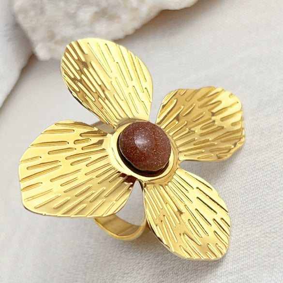 Wholesale Stainless Steel Ring Gold Plated With Cat's Eye Heart Flower Opening Design Natural Style