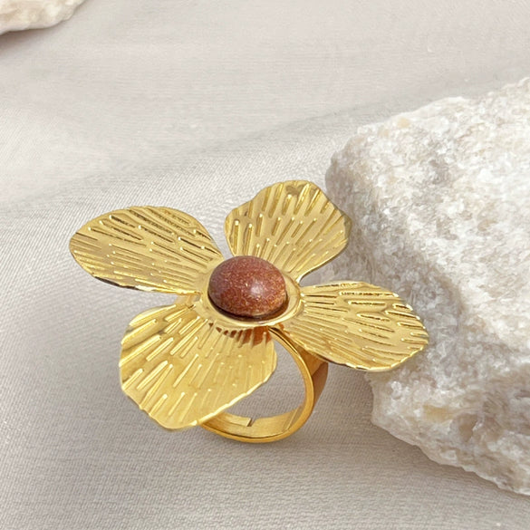 Wholesale Stainless Steel Ring Gold Plated With Cat's Eye Heart Flower Opening Design Natural Style