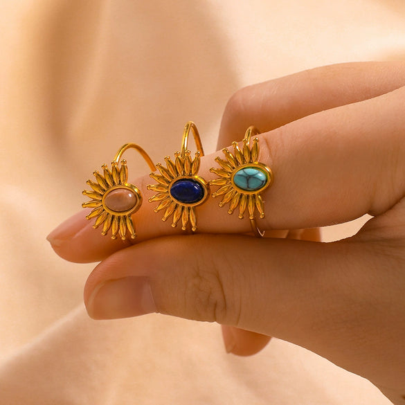Wholesale Stainless Steel Ring In Sun Shape With Inlaid Turquoise 18K Furnace Vacuum Plated For Women Ins French Style