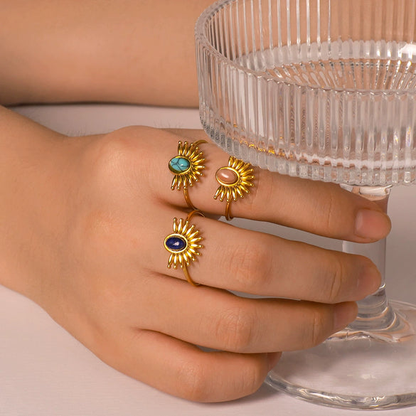 Wholesale Stainless Steel Ring In Sun Shape With Inlaid Turquoise 18K Furnace Vacuum Plated For Women Ins French Style