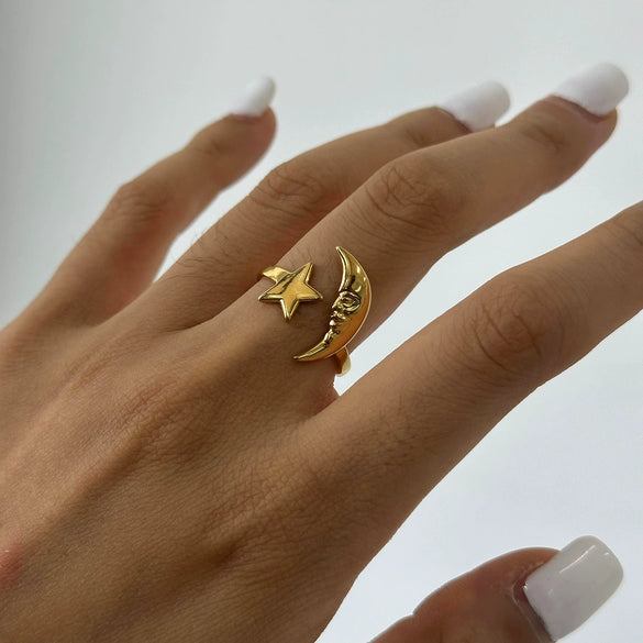 Wholesale Stainless Steel Ring Jewelry With Quiet Design Style Geometric Pattern Electroplating For Women Star Moon Opening Shape