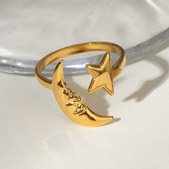 Wholesale Stainless Steel Ring Jewelry With Quiet Design Style Geometric Pattern Electroplating For Women Star Moon Opening Shape