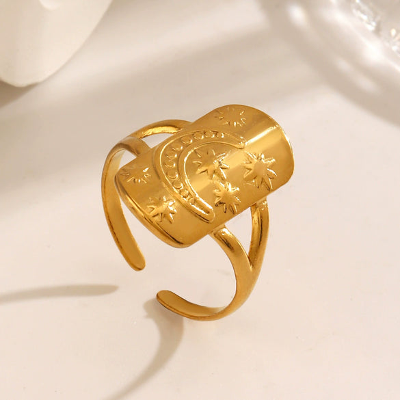 Wholesale Stainless Steel Ring Retro Geometric Star Moon Style Oil Pressure Electroplating For Women