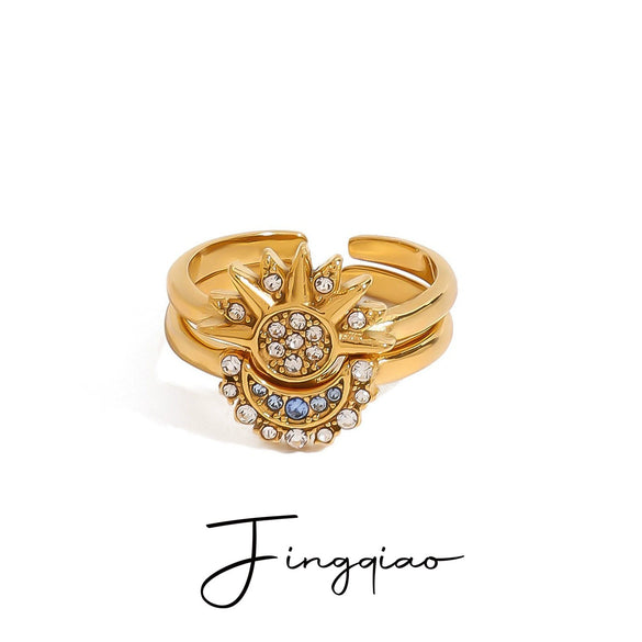 Wholesale Stainless Steel Ring With Diamond Sun Moon Geometric Style And Electroplating For Women