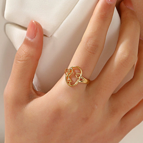Wholesale Stainless Steel Ring With Exaggerated Hollow Portrait Design Geometric Style And 18K Gold Plating For Women