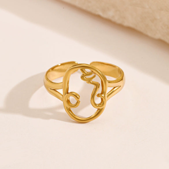 Wholesale Stainless Steel Ring With Exaggerated Hollow Portrait Design Geometric Style And 18K Gold Plating For Women