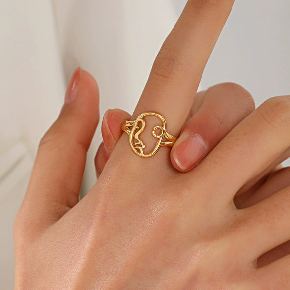 Wholesale Stainless Steel Ring With Exaggerated Hollow Portrait Design Geometric Style And 18K Gold Plating For Women