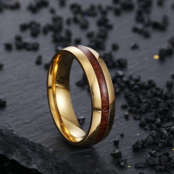 Wholesale Stainless Steel Ring With Inlaid Acacia Wood Grain Internal And External Curved Electroplated With Letters Numbers Text Pattern