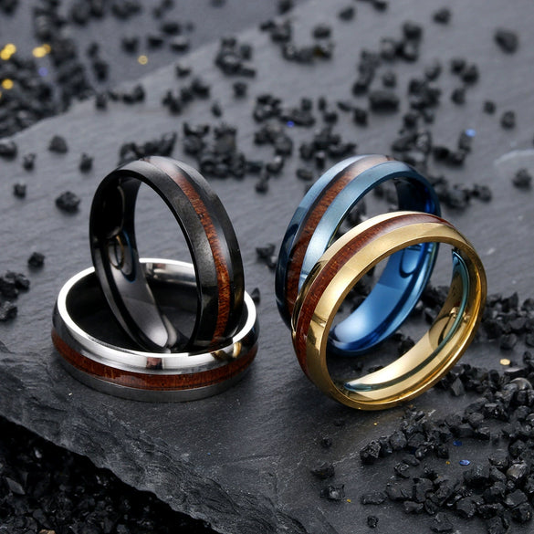 Wholesale Stainless Steel Ring With Inlaid Acacia Wood Grain Internal And External Curved Electroplated With Letters Numbers Text Pattern