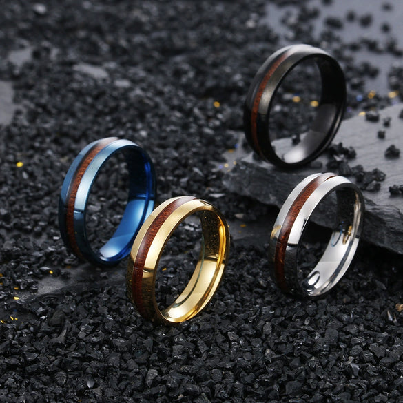 Wholesale Stainless Steel Ring With Inlaid Acacia Wood Grain Internal And External Curved Electroplated With Letters Numbers Text Pattern