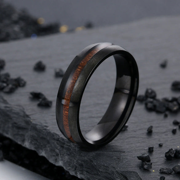 Wholesale Stainless Steel Ring With Inlaid Acacia Wood Grain Internal And External Curved Electroplated With Letters Numbers Text Pattern