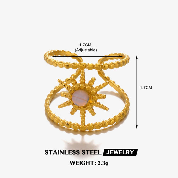Wholesale Stainless Steel Ring With Natural Stone Inlay French Retro Style Twelve Star Design Gold Plated