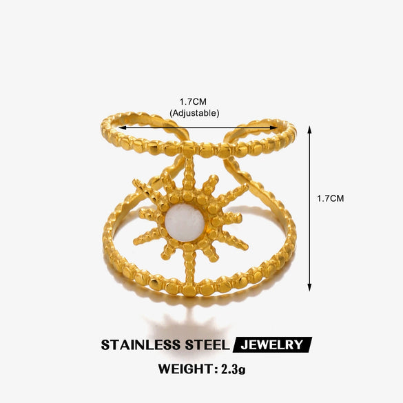 Wholesale Stainless Steel Ring With Natural Stone Inlay French Retro Style Twelve Star Design Gold Plated
