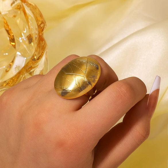 Wholesale Stainless Steel Ring With Oval Texture Hollow And Open Design Geometric Pattern Electroplated