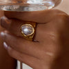 Wholesale Stainless Steel Ring With Pearl Hammered Texture Geometric Pattern 18K Gold Electroplated For Women
