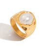 Wholesale Stainless Steel Ring With Pearl Hammered Texture Geometric Pattern 18K Gold Electroplated For Women