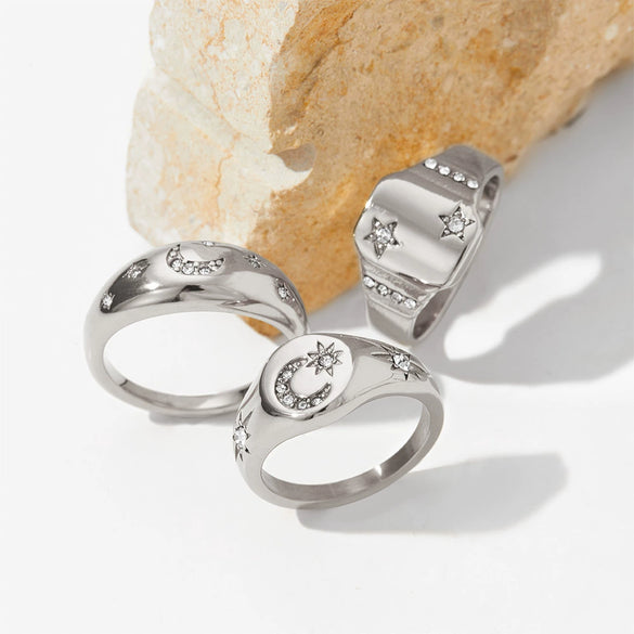 Wholesale Stainless Steel Ring With Star Moon Geometric Design Electroplated Jewelry For Women