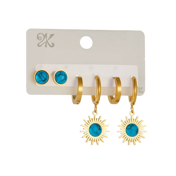 Wholesale Stainless Steel Round Blue Pine Stone Pendant Threepiece Set Of Earrings For Women Fashion Retro Style With Electroplating