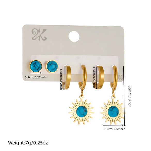 Wholesale Stainless Steel Round Blue Pine Stone Pendant Threepiece Set Of Earrings For Women Fashion Retro Style With Electroplating
