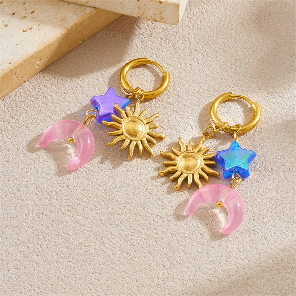 Wholesale Stainless Steel Round Earrings With Goldplated Star Moon Sun Pendant In Simple Style