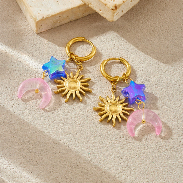 Wholesale Stainless Steel Round Earrings With Goldplated Star Moon Sun Pendant In Simple Style