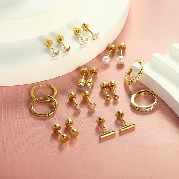 Wholesale Stainless Steel Round Geometric Zircon Earrings With Electroplating