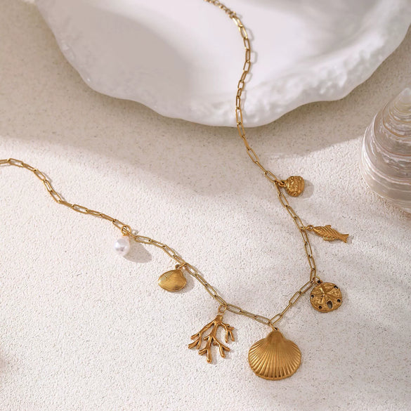 Wholesale Stainless Steel Shell Pearl Coral Fish Necklace With Furnace Vacuum Plating 18K Gold Color Preservation