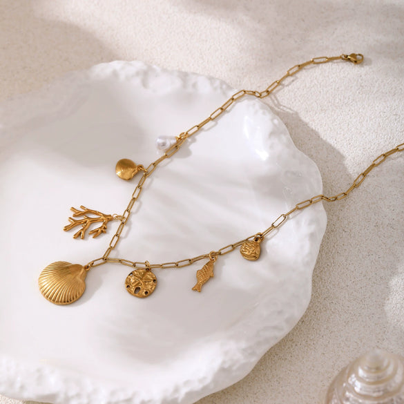 Wholesale Stainless Steel Shell Pearl Coral Fish Necklace With Furnace Vacuum Plating 18K Gold Color Preservation