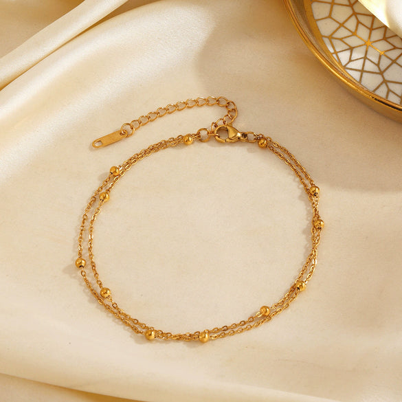 Wholesale Stainless Steel Simple Style Doublelayer Bead Chain Anklet With Letters Numbers Text Pattern For Women