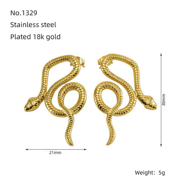 Wholesale 316L Stainless Steel Snakeshaped Earrings 18K Gold Plated Animal Style