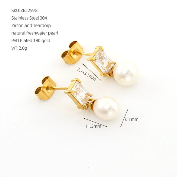 Wholesale Stainless Steel Square Geometric Ins Style Earrings With Natural Freshwater Pearl And 18K Gold Zircon For Women