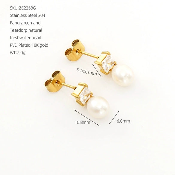Wholesale Stainless Steel Square Geometric Ins Style Earrings With Natural Freshwater Pearl And 18K Gold Zircon For Women