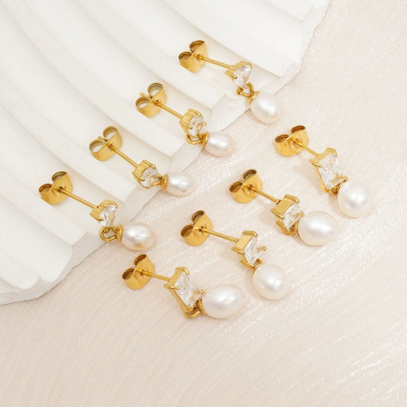 Wholesale Stainless Steel Square Geometric Ins Style Earrings With Natural Freshwater Pearl And 18K Gold Zircon For Women