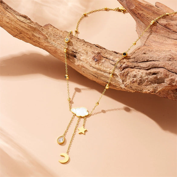 Wholesale Stainless Steel Star And Drop Shape Long Tassel Necklace With Electroplating For Women Fashion Accessories