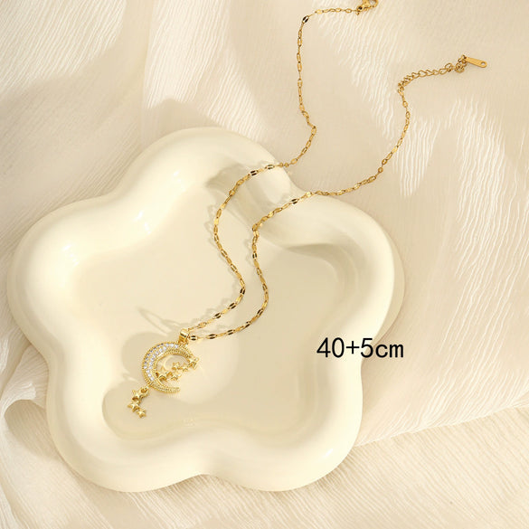Wholesale Stainless Steel Star And Moon Necklace With Mixed Gemstone Setting Electroplating Design For Women