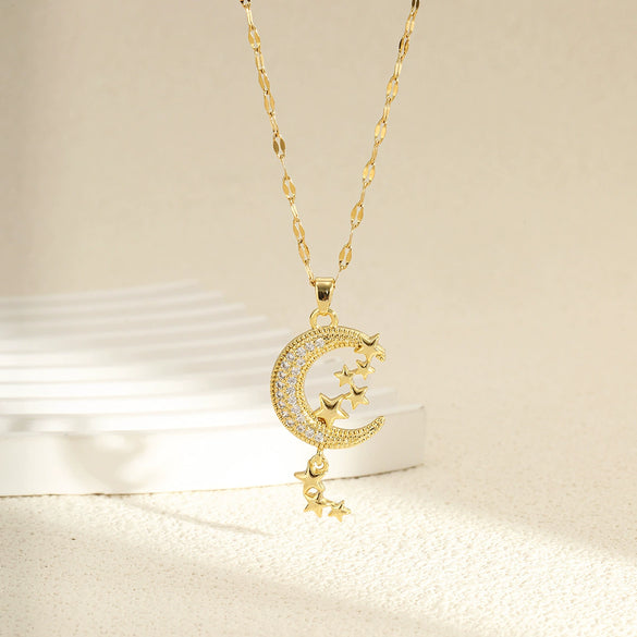 Wholesale Stainless Steel Star And Moon Necklace With Mixed Gemstone Setting Electroplating Design For Women