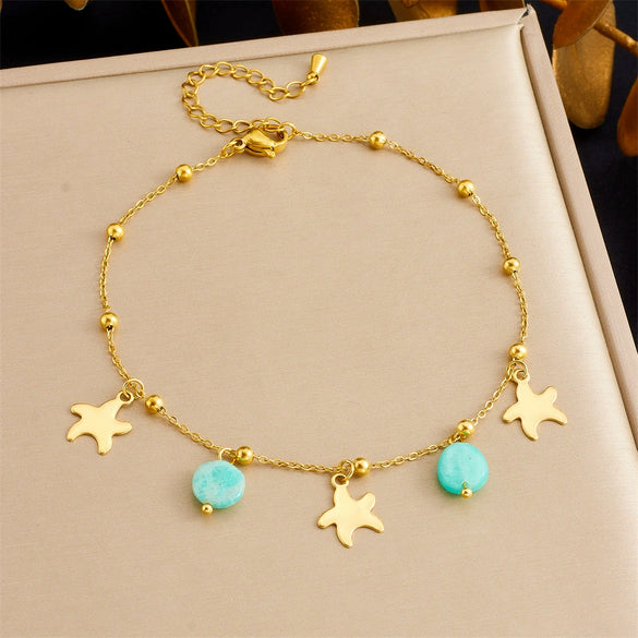 Wholesale Stainless Steel Star Pattern Goldplated Mint Green Stone Pendant Anklet Jewelry For Women