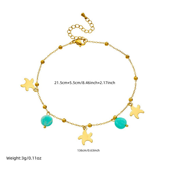Wholesale Stainless Steel Star Pattern Goldplated Mint Green Stone Pendant Anklet Jewelry For Women
