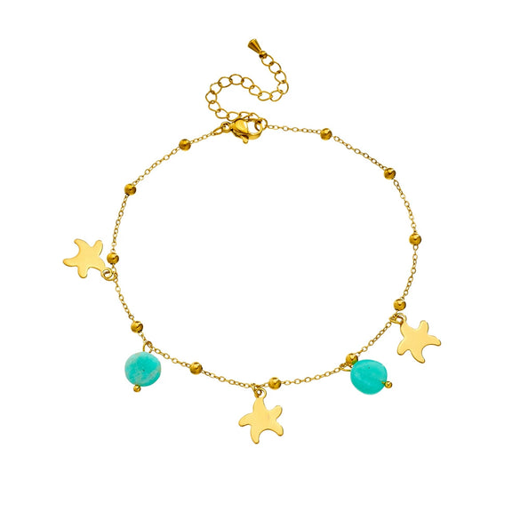 Wholesale Stainless Steel Star Pattern Goldplated Mint Green Stone Pendant Anklet Jewelry For Women