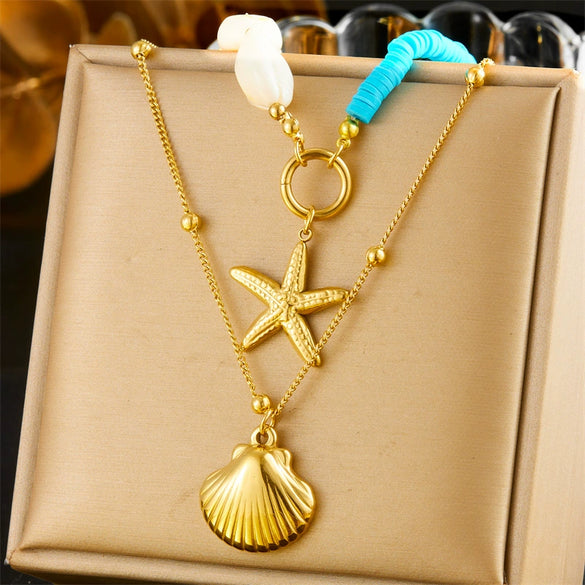 Wholesale Stainless Steel Starfish And Scallop Pendant Necklace With Animal Zodiac Pattern Electroplated For Women