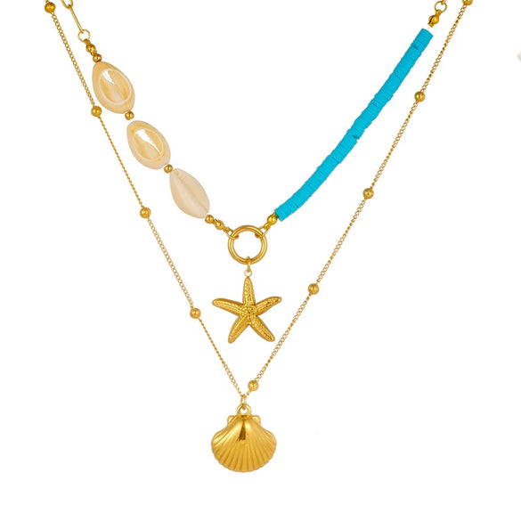 Wholesale Stainless Steel Starfish And Scallop Pendant Necklace With Animal Zodiac Pattern Electroplated For Women